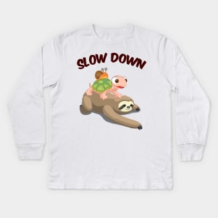 Slow Down Funny Turtle Riding Sloth Kids Long Sleeve T-Shirt